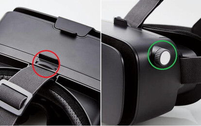 ▲ 左：VR 用のレンズは目幅の位置が調節できる 超ワイド目幅調節機構を搭載 右：左右連動のピント調節機能を装備
