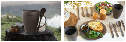 （左）『SUS coffee PLA mug&spoon（PLAマグアンドスプーン） 』（右）プレート、マグスプーン、カトラリー利用シーン