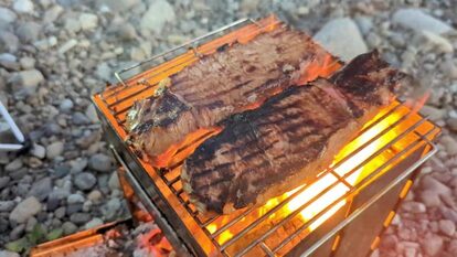 焚き火でドデカ肉を焼いてみたらビールが止まらん! これぞキャンプの醍醐味といわんばかりのワンパク飯に「ワイルドだぜェ」