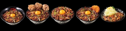 伝説のすた丼屋 「背脂ニンニク牛カルビ丼~甘旨ニンニク醤油ダレ~」、左から「ミニサイズ」「唐揚げ合盛り」「肉W(ダブル)盛り」「すたみなメンチカツ合盛り」「定食」