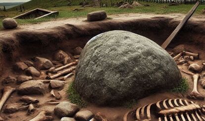 蘇りを防ぐため、胸の上に大きな石が乗せられて埋葬されていた17世紀の遺骨のイメージ図