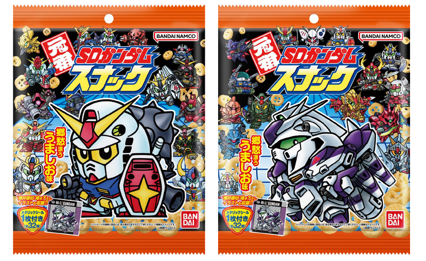 元祖SDガンダムスナック　27 騎士スペリオルドラゴン 13 武者頑駄無 元祖SDガンダム』のシール付きスナックが6月発売。νガンダムや