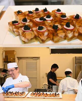 『笠庵 賛否両論(VISON)』の市川シェフ。同店はヴィソンの温泉・本草エリアにあり、温泉の後にのんびりと和食を楽しめる店。下:「秋茄子とエビとホタテの煮こごり ランプキャビア添え」も絶品!