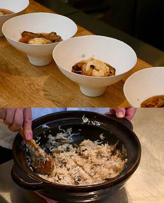 賛否両論の「海老しんじょう 木の子あんかけ」、下:なすび亭の「季節の炊き込みご飯色々」