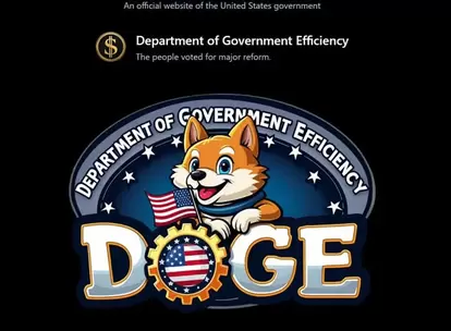 「DOGE」のロゴマーク。日本の柴犬がモチーフのミーム「Doge」から生まれた暗号通貨、ドージコイン(DOGE)と同じ略称であることからこのデザインに