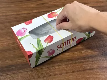 ティッシュの空き箱から水切りネットを取り出す場面(撮影:grapeライフハック編集部)