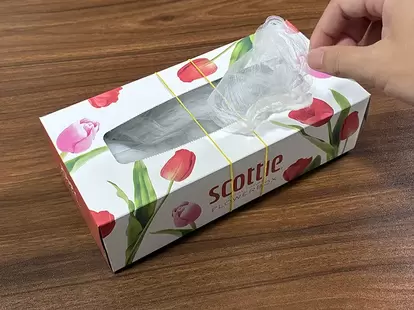 ティッシュの空き箱から取り出した水切りネット(撮影:grapeライフハック編集部)