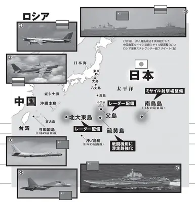 中国空母「遼寧」(写真⑥)は昨年6月、南鳥島近海まで進出。今年6月には中露爆撃機などが四国沖まで飛行(左の写真①~④)。7月には中露艦艇が沖ノ鳥島周辺を航行し、中国駆逐艦(写真⑤の左)が日本のEEZ内で射撃訓練を行なった。日本はこれに対応するため、レーダー配備やミサイル射撃場の整備を進めている
