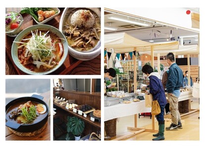 ショッピングセンター「チャオ」で月に1回開かれる「つばめマーケット」と、村内の個性的なカフェ・レストラン