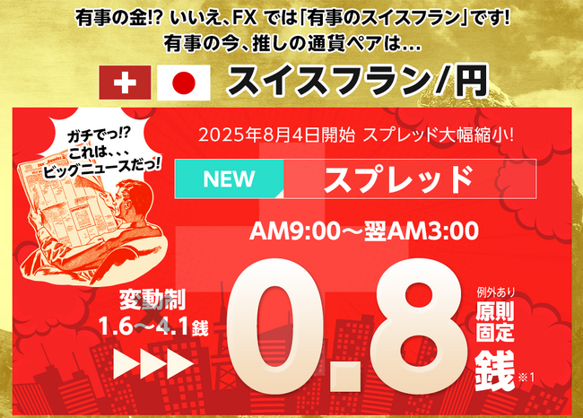 ヒロセ通商：LION FXにおけるスイスフラン/円スプレッド縮小の