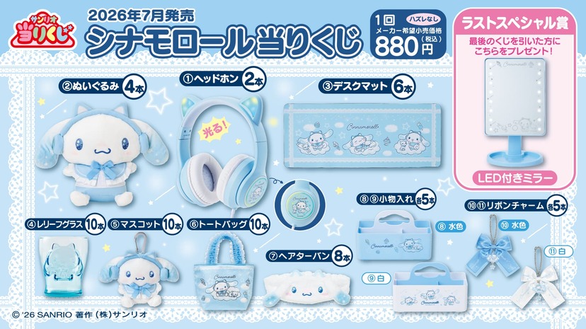 サンリオ当りくじ　シナモロール　ぬいぐるみ　ヘッドホン　ラストワン賞　ミラー シナモロール当りくじ」が7月4日発売！ネコミミヘッドホン姿の