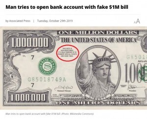 100万ドル紙幣を 本物 と言い張り預金口座を開こうとした男 米 ニコニコニュース 100万ドル紙幣を 本物 と言い張り預金口座を開こうとした男 米 ニコニコニュース