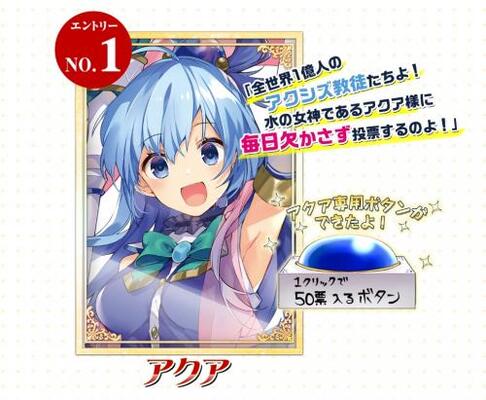 このすば キャラ総選挙中間結果は得票数5倍のチート策 アクア様専用ボタン でアクアが圧勝 2位との差は 本当の順 ニコニコニュース このすば キャラ総選挙中間結果は得票数5倍のチート策 アクア様専用ボタン でアクアが圧勝 2位との差は 本当の順 ニコニコニュース